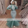 Mint Green Saudi Arabic Prom Dress Mermaid Without Headpiece Long Sleeves Beads Crystal Vestidos Elegantes Para Mujer Evening Party Gowns 322