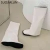 SUOJIALUN 2021 New Brand Women Boots Knee-high Flat Heel Long Boots Shoes Ladies Winter Slip On Square Toe Casual Martin Boots K78