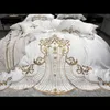 White Soft Satin Silk Cotton Gold Embroidery European Bedding Set Double Duvet Cover Bed Linen Lace Bed Skirt Pillowcases 210706