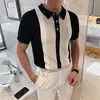 Mäns polos vintage patchwork stickade slim tröjor män mode 2021 Sommar kortärmad tröja Casual Lapel Button Tops Mens Streetwear