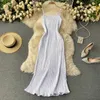 Women's Dress Solid Spaghtti Strap Sleeveless Summer Long Boho Style Holidays Pleated Maxi for Party Robe 210603