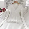 Pull femmes automne hiver tricots pull col en v simple boutonnage dentelle rayure à manches longues Vintage Cardigan Style coréen 10557 210527