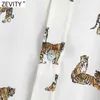 Zevity Mulheres Vintage Turn Down Collar Patchwork Impressão Cetim Blusa Feminina Tigre Kimono Camisas Chic Blusas Tops LS7658 210603