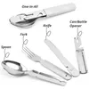 4-in-1 Portable Stainless Steel Camping Spoon, Fork, Knife and Can/Bottle Opener, Military Utensils 210928