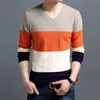 Män Pullover Fashion V Neck Fjäder Höst Slim Fit Sticka Patchwork Striped Male Sweater Casual Jumpers Outwear Full 210812