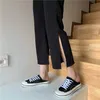 Korean Style Versatile Split Ankle-Length Boot-Cut Trousers High Waist Wide Leg Pants Summer Thin Black Pants for Women 2020 New Y0811