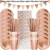 Rose Gold Party Disposable Tableware Set Paper Plate Cup Napkin Wedding Kids Adult Birthday Party Table Decoration Baby Shower 211216