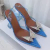Amina Muaddi Sandal 디자이너 여름 패션을위한 신발 신발 섹시한 투명 PVC 스팽글 드릴 버튼 신발 9.5cm High Heeled Luxury Designer Sandals Box 35-42