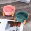 Matt Grey Ceramic Cat Dog Bowl Skål med trä Stand Inget spill Pet Food Water Mater Katter Små hundar 400ml