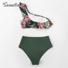 SEASELFIE Eine Schulter Rüschen Hohe Taille Bikini Sets Frauen Sexy Grün Floral Zwei Stück Badeanzug Schwimmen Anzug Bademode 210702