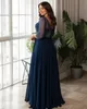 2021 Navy Beaded Plus Size Prom Dresses Bateau Neck A Line Long Sleeves Evening Gowns Floor Length Chiffon Formal Dress