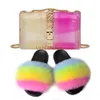 Zomer vrouwen bont slippers tas set mode regenboog jelly tas pvc ketting handtas pluizige vos bont dia's furry wasbeer haar sandalen H0914