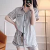 Pink 2 Piece's Pajamas Sets Faux Silk Striped Pyjama Sleepwear Spring Summer Homewear 210831