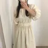 Korejpaa Kobiety Sukienka Korea Chic Lato Delikatne Elegancka O-Neck Solid Color Fold Waist Pięciopunktowy Rękaw Bubble Długi Vestido 210526