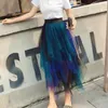 SETWIGG Spring Sweet Multi-color Tulle Patchwork Long Irregular Skirts Elastic Waist A-line Tiered Mesh Pleated Calf 210708