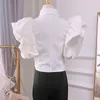 Twotwinstyle 빈티지 주름 여자 블로우 라펠 칼라 나비 짧은 슬리브 느슨한 셔츠 여성 패션 의류 스프링 새로운 210302