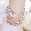 Rose Gold Armband Set Volledige Diamond Bangle Dame Luxe Jurk Sieraden Watch Bling Crystal Drop