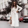 Fall Winter Woolen Coat Women Midi V-neck Tie a Belt Temperament Jacket Women Khaki White Black Apricot Plus Size Clothes 211130