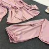 Set da pigiama sexy in seta satinata per abito da donna Pink Home Sleepwear Notte manica lunga Loungewear 2 pezzi Abbigliamento Pant 210809