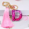 26 Letter Sequin Glitter Pink Gradient Tassel Keychain Alphabet Car Mirror Handbag Decoration Rings Holder Jewelry Gifts