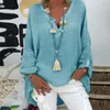 Kvinnor Casual långärmad bomull och linne Löst blus Spring V Necktryck Oregelbunden skjorta Vintage överdimensionerade toppar plus storlek 5xl 210301