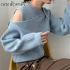 Maglieria irregolare femminile Maglione avvolgente con spalle scoperte sexy per donna Pullover con scollo a V allentato di grandi dimensioni 210604