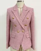 새로운 스타일 최고 품질의 원래 디자인 여성의 더블 브레스트 슬림 블레이저 재킷 핑크 houndstooth 금속 버클 모직 블레이저 outwear