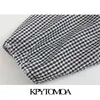 KPYTOMOA Femmes Mode Élastique Smocké Volants Blouses Courtes Vintage Lanterne Manches Plaid Femme Chemises Blusas Chic Tops 210226