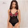 Été Sexy Maigre Femmes Bodys Femme Mince V Cou Spaghetti Rose Brodé Applique Noir Corps Feminino Body 210525