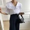 Французский белый большой воротник поворота выпускного вечера лучшие рубашки женщины вертикальные полосатые офисные шики свободная сладкая блузка 210601