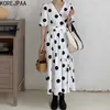 Korejpaa femmes robe été français Vintage tempérament femme col en v côté cravate Platycodon Dot Vestidos 210526