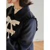 Kvinnorsullblandningar Lolita Varm Vinter Japanska Kawaii Coat Kvinnor Ruffled Patchwork Overcoat Kvinna Koreansk Bow Loose Outwear Jacka 2022