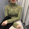 Autumn Women Thin Black Lace T shirt Sexy Turtleneck Long Sleeve Slim Crochet Patchwork Tee Tops 210607