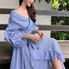 Возможно, u Pink Blue Rugle Druble Dress 3/4 Рукав Сплит Maxi длинное платье полосатый слойная рукава V шеи лето D0704 210529