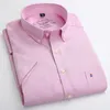 Summer Short Sleeve Men's Solid Oxford Casual Shirt Easy Care plain leisure Comfortable regular Fit dress shirts 210708