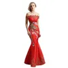 Aso Ebi Arabische avondjurken Sheer Neck Lace Red Luxe Sexy Beaded Prom Dresses Mermaid Formal Party Second Reception Towns