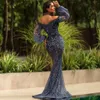 Aso Ebi Arabic Silver Squins Off The Shoulder Mermaid Prom Dresses 2022 Long Sleeves 고급 스팽글 이브닝 가운 Royal Blue 심지어 180h