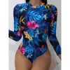 Long Sleeve Rash Guard Swimsuit Women Swimwear Print Floral Diving Suit Surfing Suit Pad Bathing Suit Beach 210604