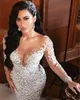 2022 Luxe Arabische zeemeermin Trouwjurken Dubai Sparkly Crystals Lange mouwen Bridal Jurns Court Train Tule rok gewaden DE
