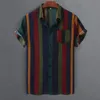 T-shirts pour hommes Casual Beach Shirt Stripe Single-Breast Hommes Manches courtes Revers Hawaiian Beachwear Top 2021