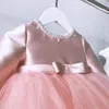 Bambina di pizzo rosa Abiti Abiti BAPTISM Dress Beaks Bow 1st Birthday Party Wedding Christing Gown Neonato Neonato Pageant Abbigliamento 210315