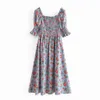 Vrouwen Sundress Zomer Mode Bloemen Prints Slash Neck Short Puff Sleeve Moderne Dame Shirred Bust Midi Dress 210602