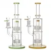 11-Zoll-Wasserpfeifen Doppel-Stereo-Matrix-Perkolator dicke Glasbongs Birdcage Perc-Wasserpfeifen Grün Blau Gelb Bohrinseln 14-mm-Dab-Rig mit Schüssel