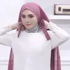 Muslimskt mode Enfärgad Chiffong Hijab Scarf Med Bandage Halkfri Kvinnor Andas Islam Lång Hijab Pannband Turban Huvudomslag