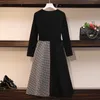 Plus Size Women Dress Spring Autumn Autumn Korean Slave Long Patchwork Dress Office Lady Lady cintura A-line Dresses Mulheres vestidos y1006