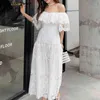 Weiß Elegantes Kleid Frau Sommer Slash Hals Hohe Taille Bodycon Weibliche Spitze Party Geburtstag ES Für Frauen Kleidung L 210603