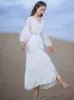 Vintage White Lace Maxi Dress Woman High Waist Full-sleeve Vestidos V-neck Birthday Party Dresses Female Spring Summer 210603