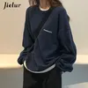 Hoodies للنساء من النوع الثقيل Jielur Kpop Letter Hoody Fashion Corean Thin Chic Women’s Sweatshirts Cool Navy Blue Gray Hoodies for Women M-XXL 220905