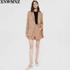 Za Women Brill Blazer Z Długim Rękawem Lapel Collar Zdefiniowane Ramiona Klapy Kieszenie Vent Podwójne Metal Button Camel 211006