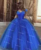 Золушка синие платья Quinceanera Ball Gown с плеча пухлый тюль